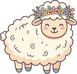 Fototapeta premium Adorable fluffy sheep illustration wearing a beautiful floral wreath on its head, smiling happily with a cheerful expression.
