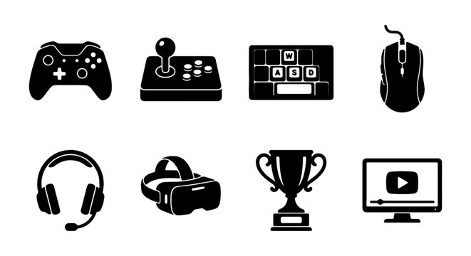 Gaming Icons Set, Video Game Controller, VR Headset, Keyboard, Mouse, Trophy, Computer Monitor