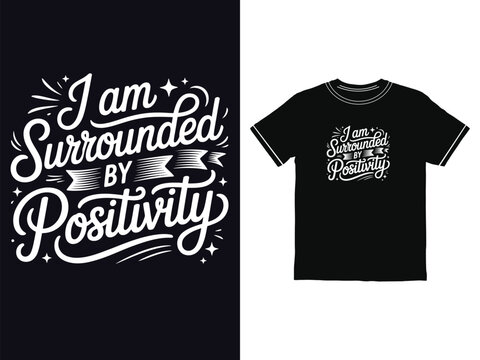 Inspiring hand lettered quote graphic about staying positive presented on a classic black cotton shirt