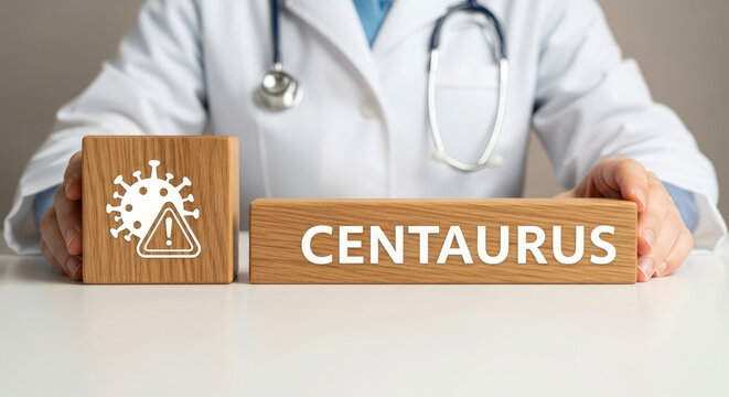 Doctor in lab coat with stethoscope holds wooden blocks with Centaurus and virus warning signs on white table top