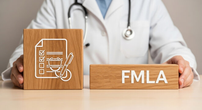 Doctor in white coat holding wooden blocks with medical and FMLA symbols on desk in office setting for health and law concept