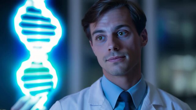 Scientist in white lab coat interacting with glowing DNA helix hologram at night, futuristic genetics and biotechnology research concept scientist, DNA helix, genetics, biotechnolo