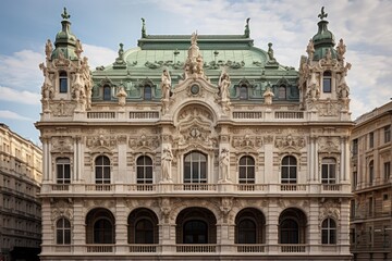 Fototapeta premium Ornate facade of the vienna stock exchange palace, showcasing intricate architectural details and sculptures under a cloudy sky