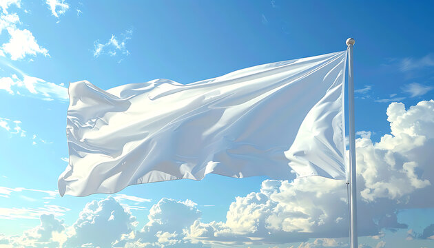 Isolated waving white flag on flagpole against blue sky with clouds, symbol of surrender, peace, truce, or purity