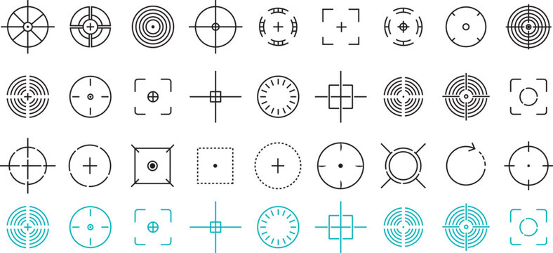 Crosshair target reticle icons and aiming focus signs, containing high-quality illustration buttons for military shooting and precision symbols in an isolated pictogram collection.