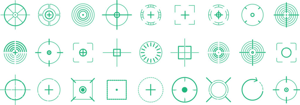 Crosshair and target icons in black color, containing high-quality illustration buttons.target focus symbols for digital interfaces, with premium symbol collection 
