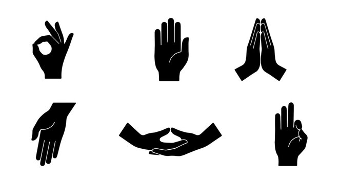 Hand Gestures Icons Set, Yoga Mudras, Communication Symbols, Vector Graphics