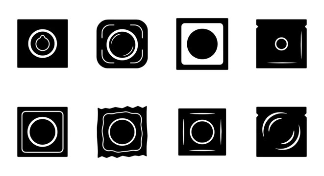 Condom Packaging Icons, Safe Sex Symbols, Health Protection Vector Graphics