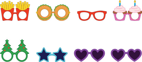 Fun Party Eyeglasses and Photo Booth Props Vector Set Featuring Food, Holiday, and Shape Designs © MstSuraiya