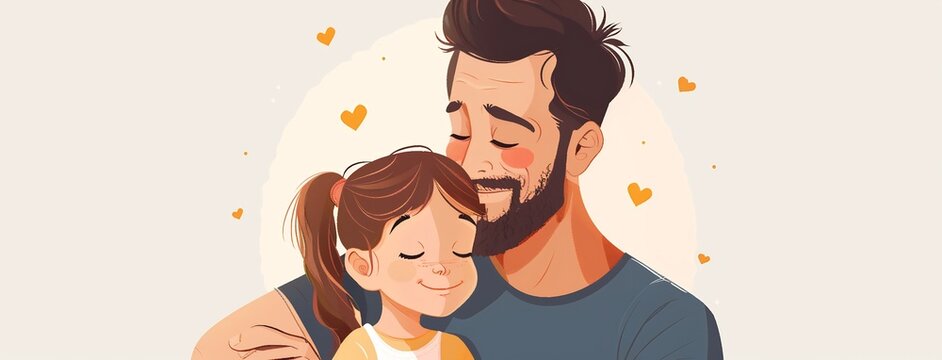 P&egrave;re serrant sa petite fille dans ses bras, illustration chaleureuse d'amour paternel et de tendresse, moment de complicit&eacute; pour la f&ecirc;te des p&egrave;res, lien familial et affection.