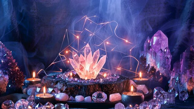 Mystical crystal grid glowing with energy, spiritual healing setup, metaphysical energy field, sacred space, chakra alignment, aura cleansing, esoteric ritual.