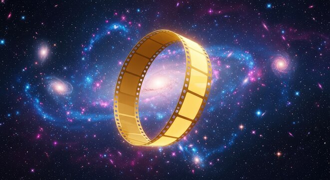 A glowing golden cinematic film strip forms an infinite mobius loop floating through a vibrant cosmic multiverse with stars and nebulae, universe, mystery, grandeur