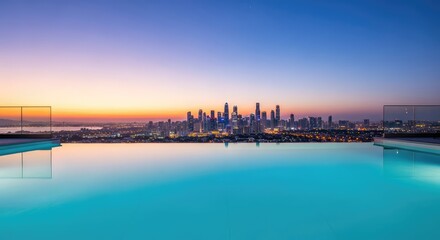 Naklejka premium A luxury minimalist infinity pool with calm turquoise water blends into a distant metropolitan skyline under a soft gradient evening sky, twilight, metropolitan, reflection