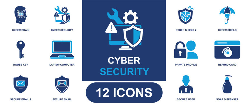 Cyber security icon set. Containing cyber brain, shield, email, private profile, laptop computer, secure key, refund card, secure user, soap dispenser and more. Solid fill vector icons.