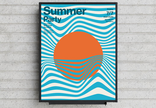 Funky Wavy Summer Party  Poster Template with Abstract Sunset