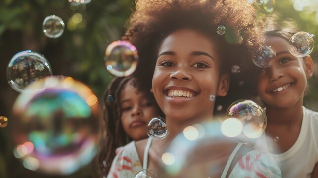 Jeune femme noire et deux fillettes souriantes jouant avec des bulles de savon, portrait de famille joyeux en ext&eacute;rieur, complicit&eacute; et bonheur, c&eacute;l&eacute;bration estivale