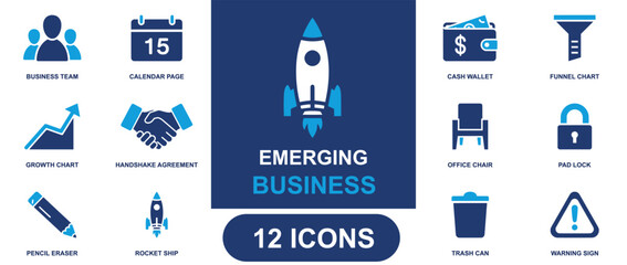 Emerging business icon set. Containing business team, calendar page, growth chart, handshake agreement, cash wallet, funnel chart, rocket ship, padlock and more. Solid fill vector icons. © Voice