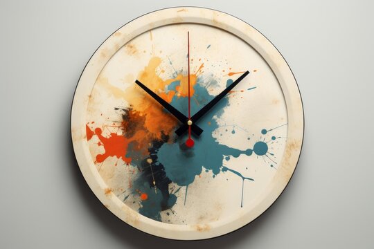 Round clock with colorful paint splatters indicating artistic time management