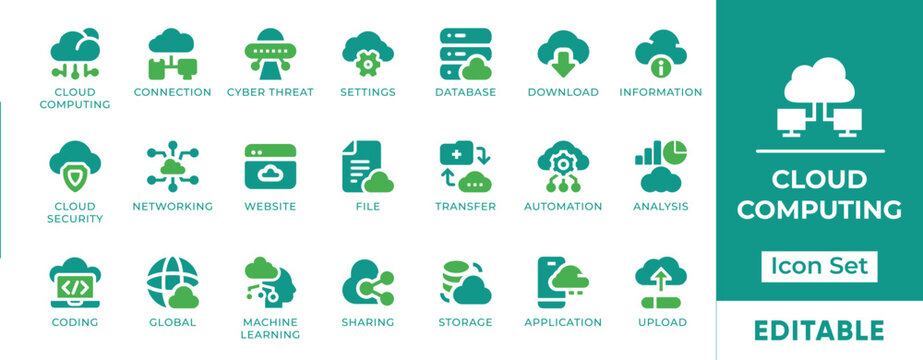 Cloud Computing Server Database Network Icon Set - editable vector icons for cyber security, machine learning, and data storage