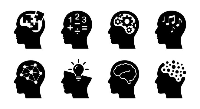 Human Head Icons: Brain, Ideas, Music, Math, Logic, Network, Puzzle