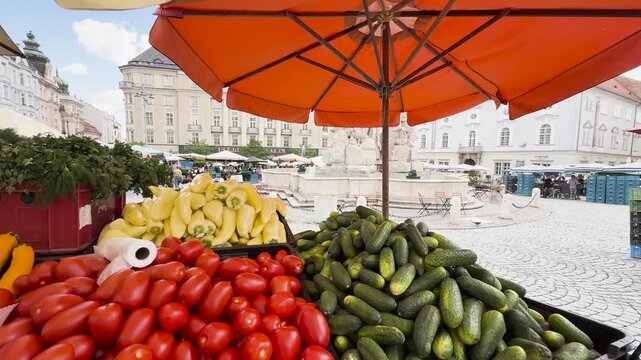 Colorful vegetable stalls at Brno Market Square in Czech Republic