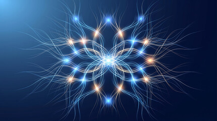 Obraz premium Glowing neural network connections photo showing blue and orange light trails on dark background