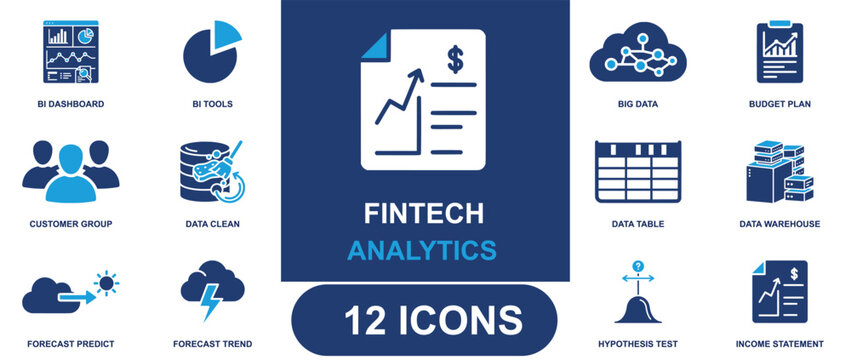 Fintech analytics icon set. Containing BI dashboard, big data, budget, data table, income statement, customer group, forecast, pie chart, hypothesis test and more. Solid fill vector icons.