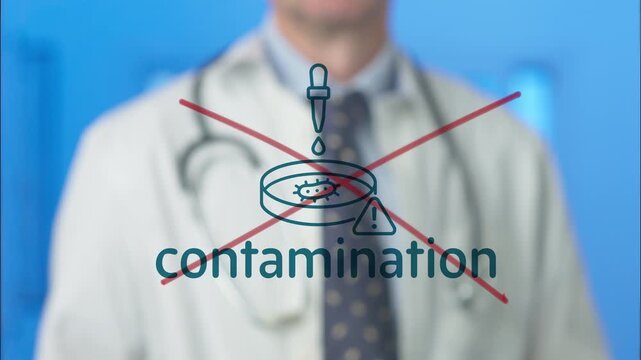 Medical professional drawing a red line through a contamination icon, symbolizing prevention, sterility, and the fight against infection, bacteria, and viruses in a clinical environment
