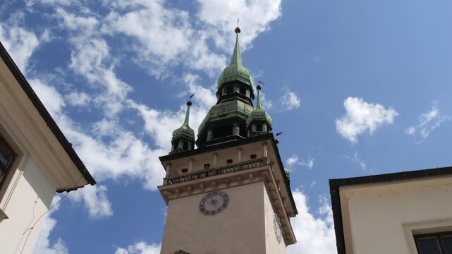 Low angle view of Brno Old Town Hall tower spires in Czech Republic