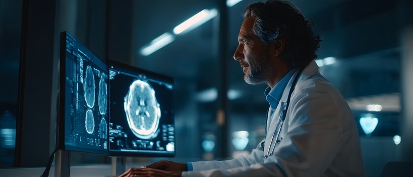 Medical professional in white coat analyzing neurological brain scans on dual computer monitors in a dark diagnostic lab