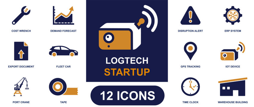 Logtech startup icon set. Containing iot device, gps tracking, fleet car, port crane, smart warehouse, erp system, demand forecast, export file, time clock and more. Solid fill vector icons.