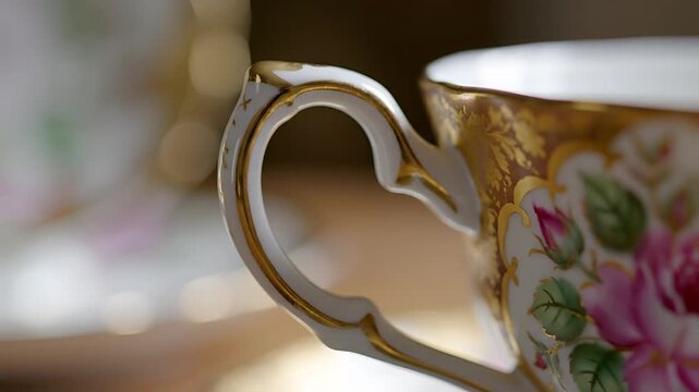 Closeup of an antique porcelain teacup handle with floral design.