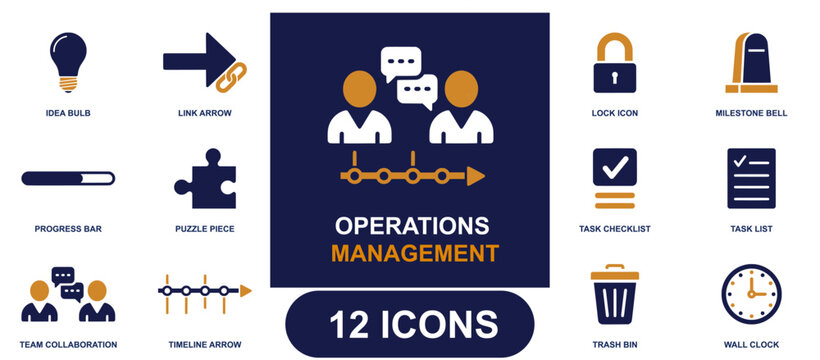 Operations management icon set. Containing task checklist, task list, timeline arrow, team collaboration, progress bar, wall clock, lock icon, trash bin and more. Solid fill vector icons.