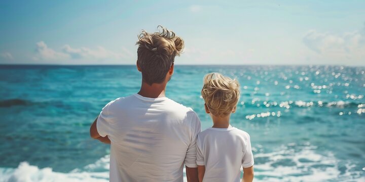 P&egrave;re et fils de dos contemplant l'oc&eacute;an bleu scintillant, moment de complicit&eacute; &agrave; la plage pour la f&ecirc;te des p&egrave;res, lien familial fort, vacances d'&eacute;t&eacute; paisibles, s&eacute;r&eacute;nit&eacute; maritime.