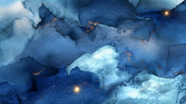 Dynamic abstract fluid art with swirling blues and shimmering gold specks, cosmic background, digital painting, celestial motion, fluid dynamics, luxury wallpaper.