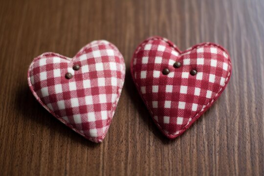 Two handmade hearts with buttons lying on a wooden table express love and affection