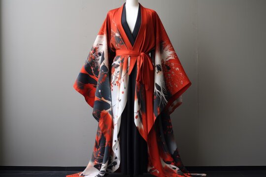Studio shot of a vibrant red and black kimono with a striking floral pattern, showcasing traditional japanese attire