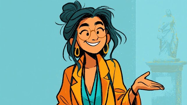 Young South Asian female museum educator presenting sculpture in gallery