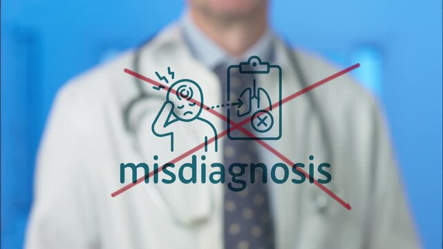 Medical professional crossing out the word misdiagnosis on a virtual screen, symbolizing the correction of a diagnostic error and emphasizing the importance of accurate patient assessment