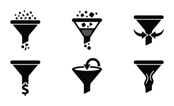 Set of Six Black Funnel Icons, Data Filtering and Process Flow Symbols, Vector Graphics for Analysis and Sorting