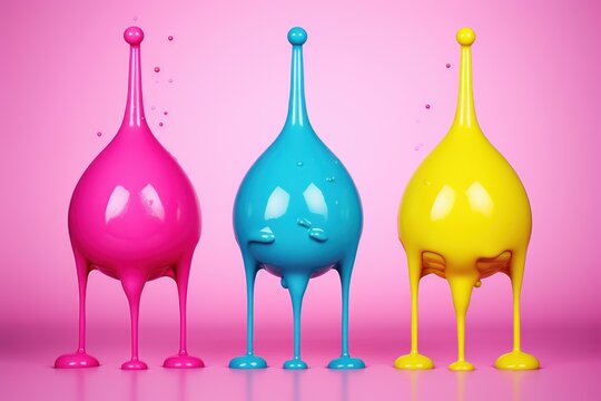 Three drops of colorful ink with legs standing on a pink background, representing the subtractive color model cmyk