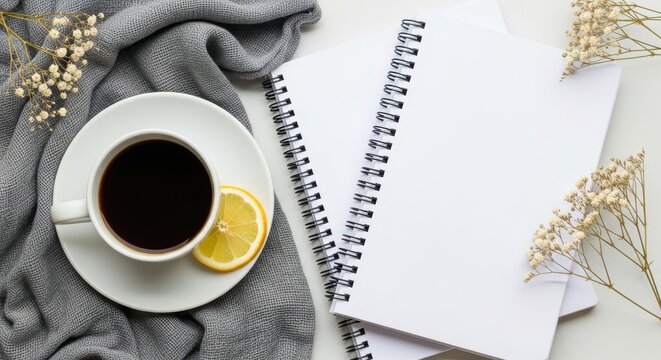 Morning coffee with notebook and flowers on a cozy fabric
