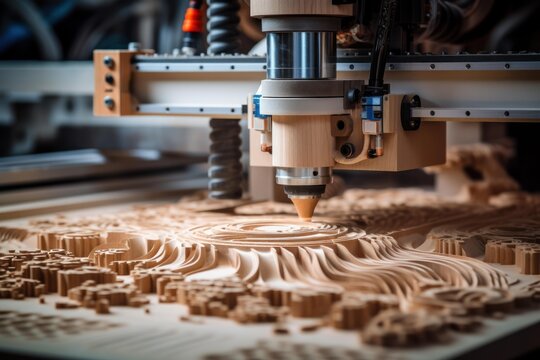 Automated cnc wood router carving a complex bas relief design, showcasing precision and artistry in modern woodworking