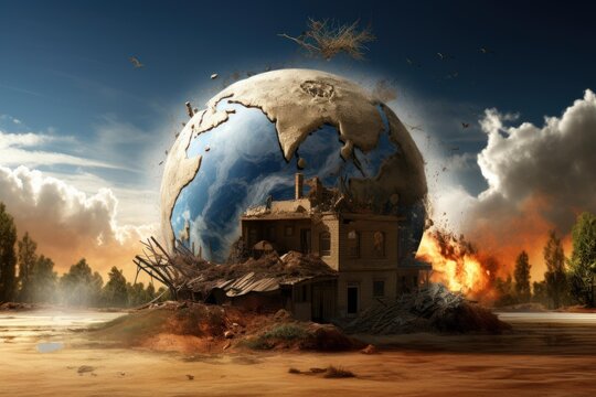 Surreal landscape showing crumbling earth with destroyed house and fire, symbolizing environmental destruction and climate change
