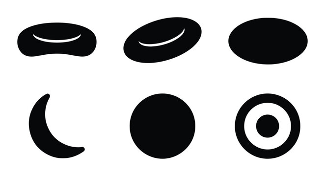 Six Black Icons: Blood Cell, Oval, Circle, Crescent Moon, Target, Abstract Shapes for Medical and Science Concepts