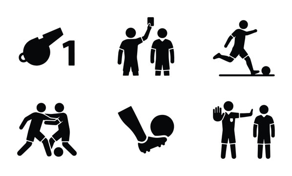 Soccer Icons Set: Referee Whistle, Player Fouls, Goal Kick, Red Card, Sports Action, 6 Vector Graphics