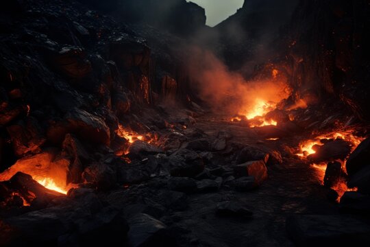 Burning hot lava flowing down volcanic mountain at night