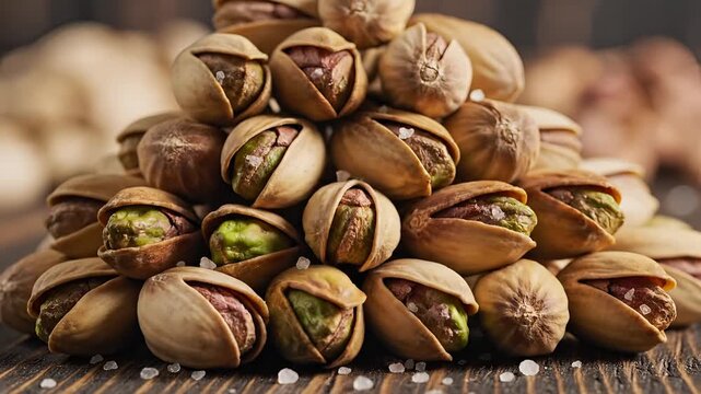 Pile of Delicious Pistachios on a Wooden Surface with Salt Crystals.