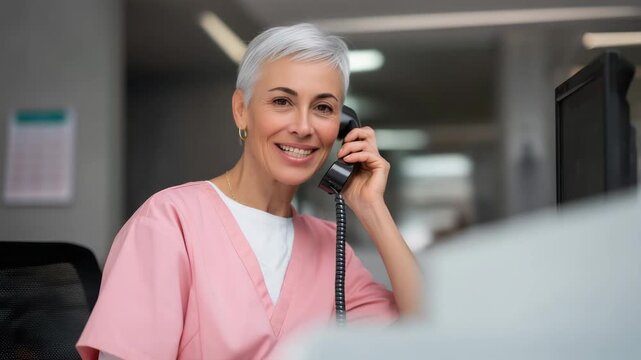 Mature clinic assistant speaking on office telephone at modern medical workstation, professional patient support and healthcare service scene mature healthcare worker, clinic assis