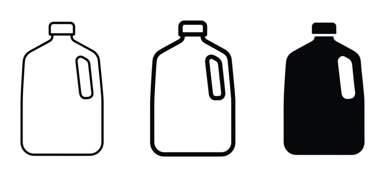 Set of three gallon jugs, outline, filled, and silhouette, representing liquid containers for beverages and storage